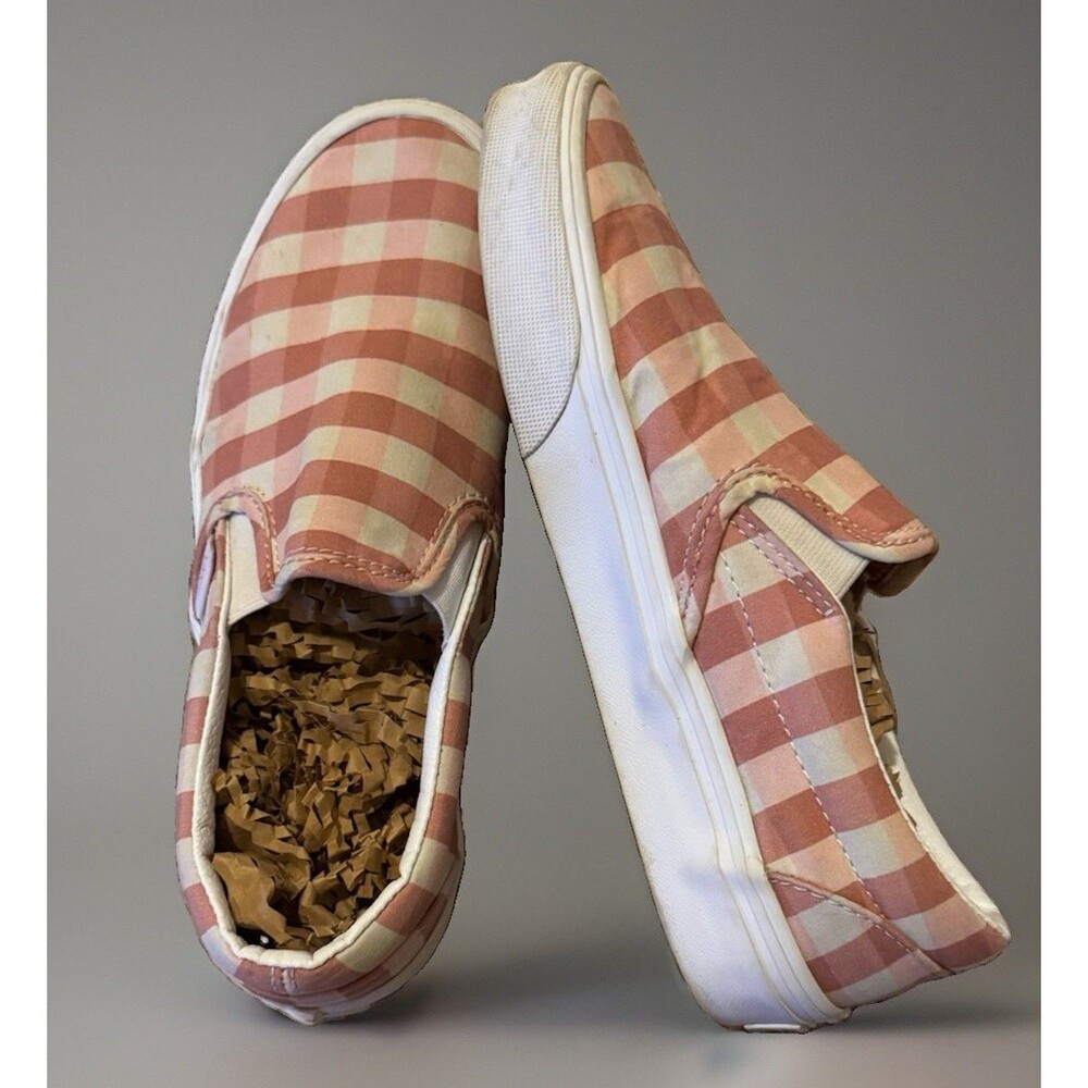 Vans Classic Slip-On Gingham Rosette Pink White Checkered Sneakers W8 M6.5